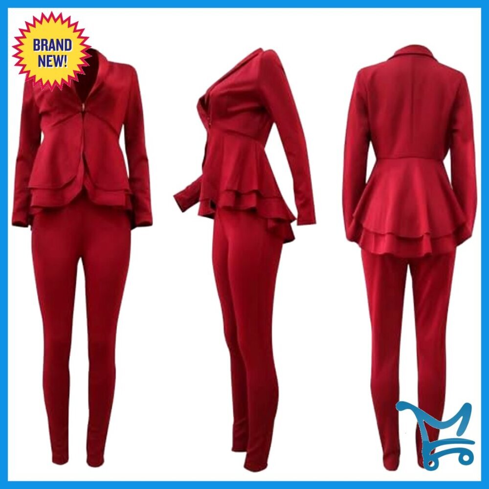 Women's Deep V Neck Ruffle Blazer Two Piece Suit Set Long Sleeve Pants - Picture 4 of 6